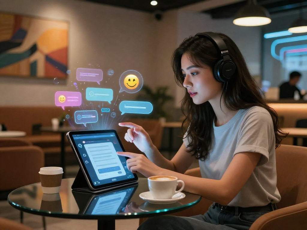 Interactive scene of a woman using porn ai chat on a tablet in a cozy tech lounge.
