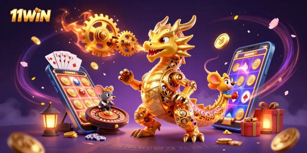Experience the excitement of 11WIN with a gold dragon and thrilling casino elements in this vibrant illustration.