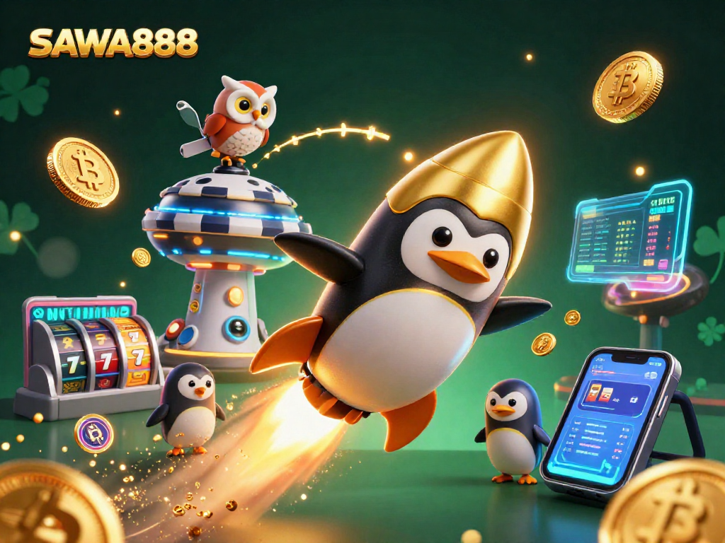 Play slots at SAWA888 with the golden penguin guiding your winning journey through a vibrant casino universe.