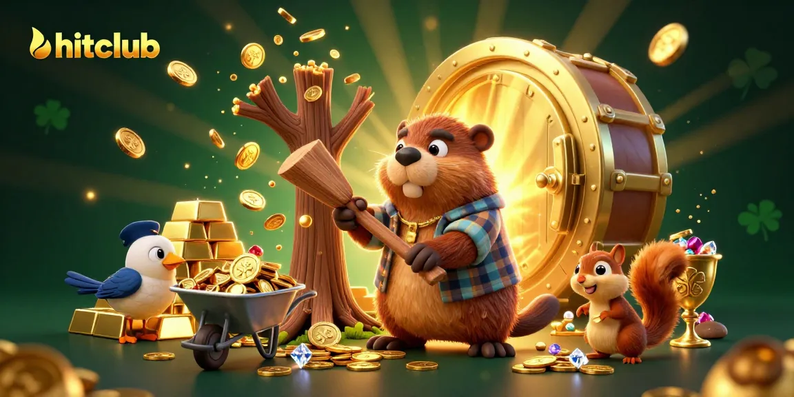 Engage with the exciting world of hitclub as a cartoon beaver feasts on golden coins, showcasing a vibrant casino atmosphere.