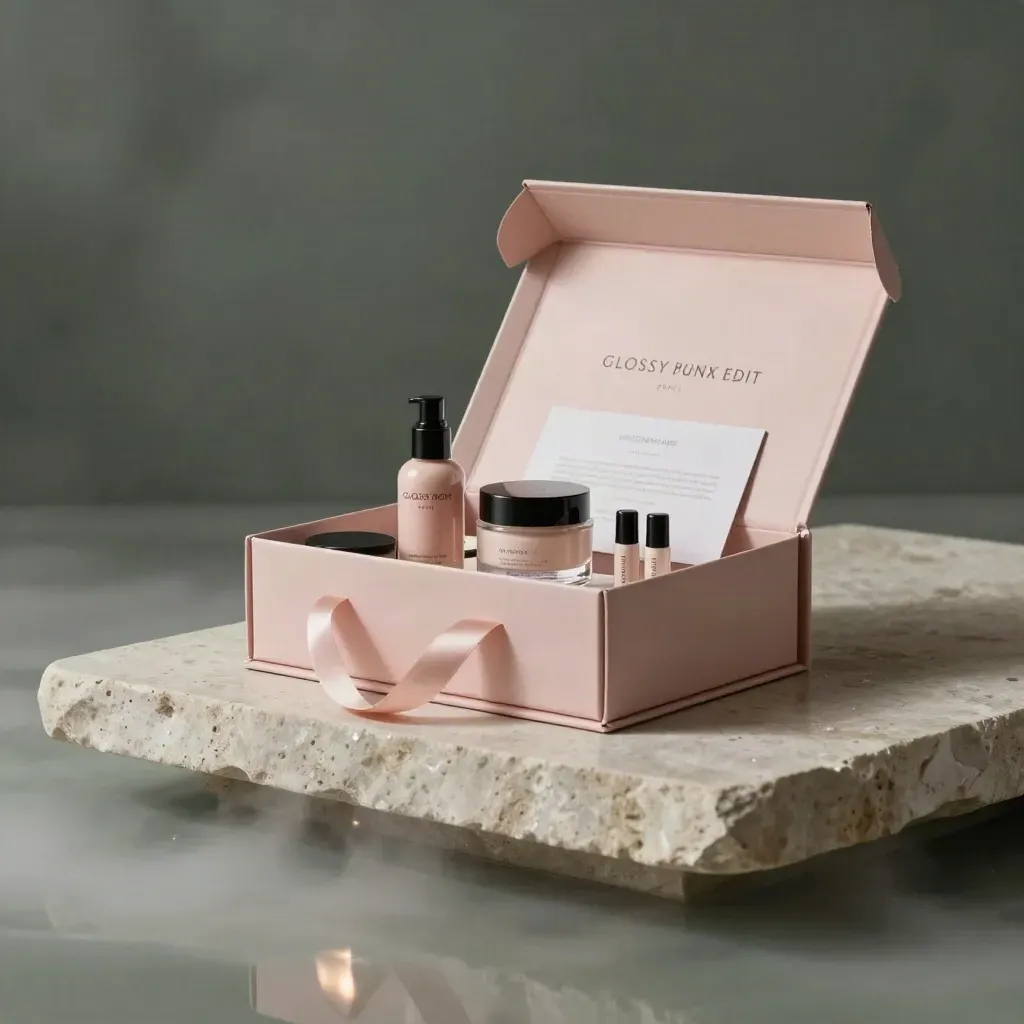 Open beauty subscription box with rose-toned products on a stone plinth in cool dawn mist