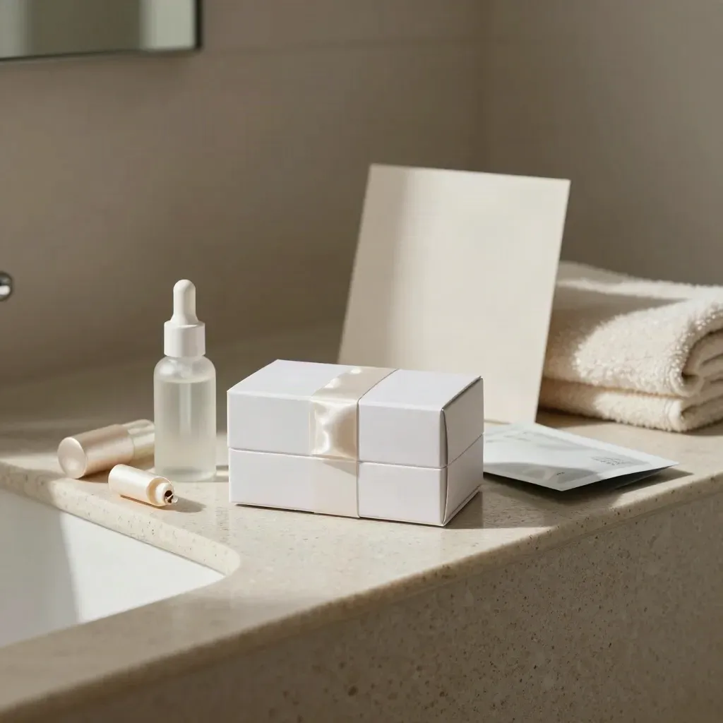 Beauty subscription box with serum ampoule, lip product and sachet on a travertine ledge.