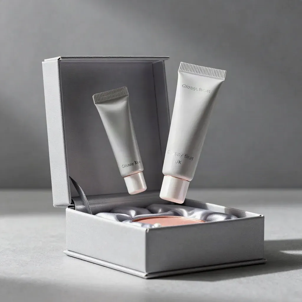 Blush beauty box carton with minis and a tube, floating in soft light on ash-grey linen