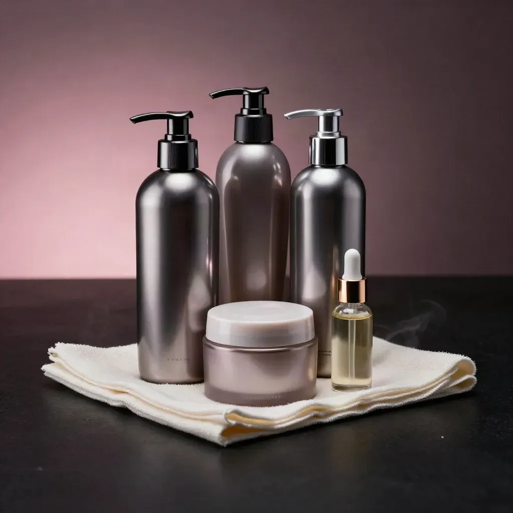 Hair rescue bottles, mask jar and oil vial emerging from ivory fabric on a dark dramatic surface.
