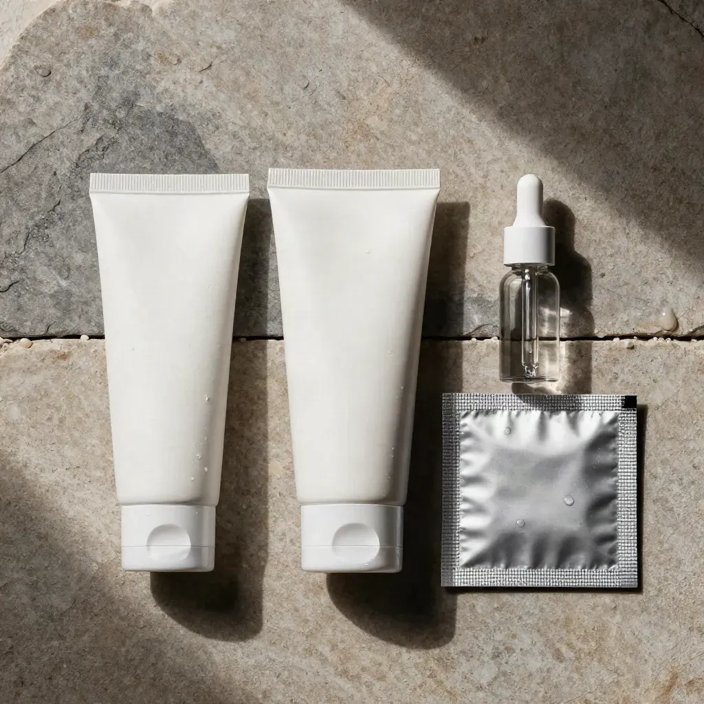 Overhead flatlay of skincare carton, cleanser, serum dropper and mask on wet stone.