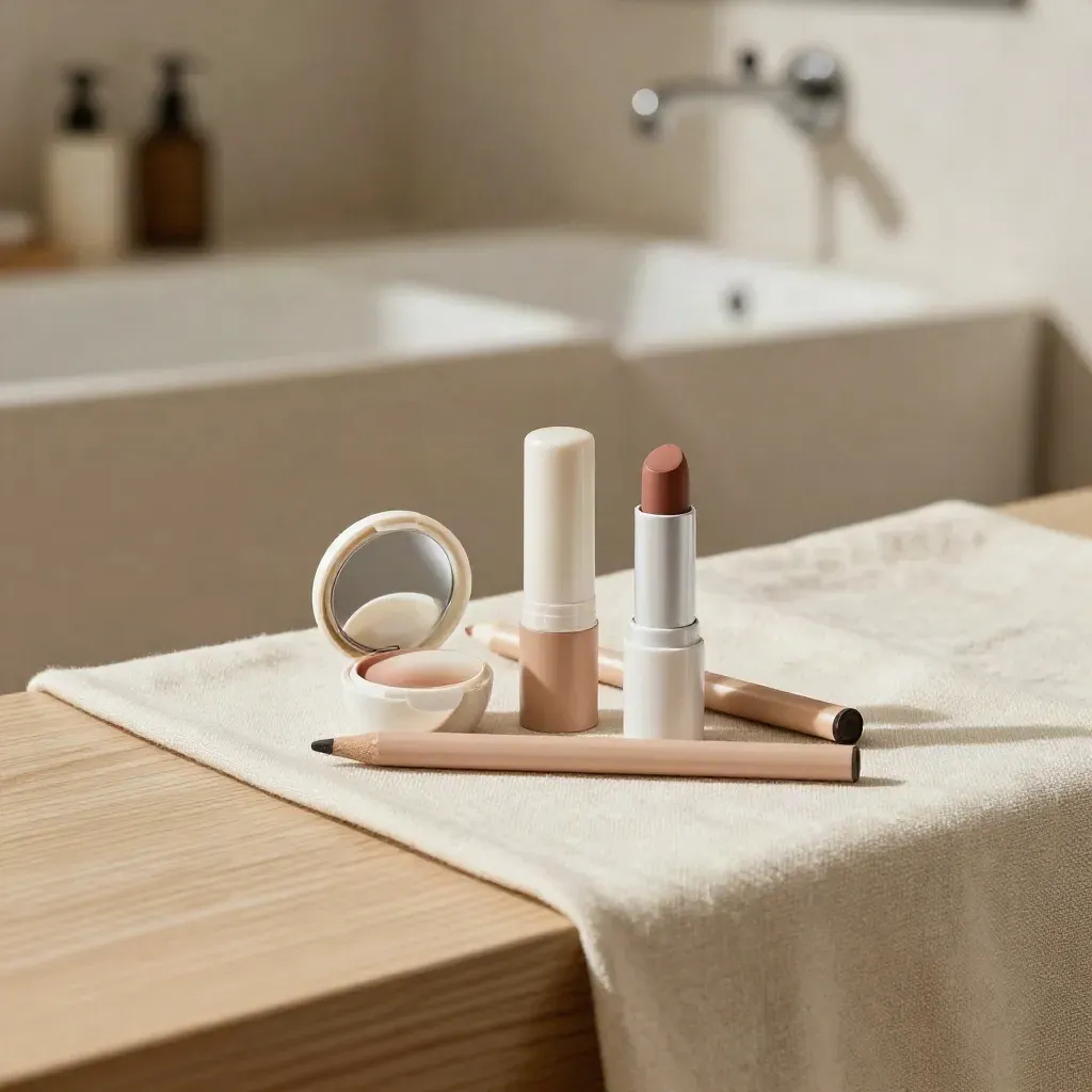 Open nude lip kit with shades, pencil and balm on linen runner in soft bathroom light