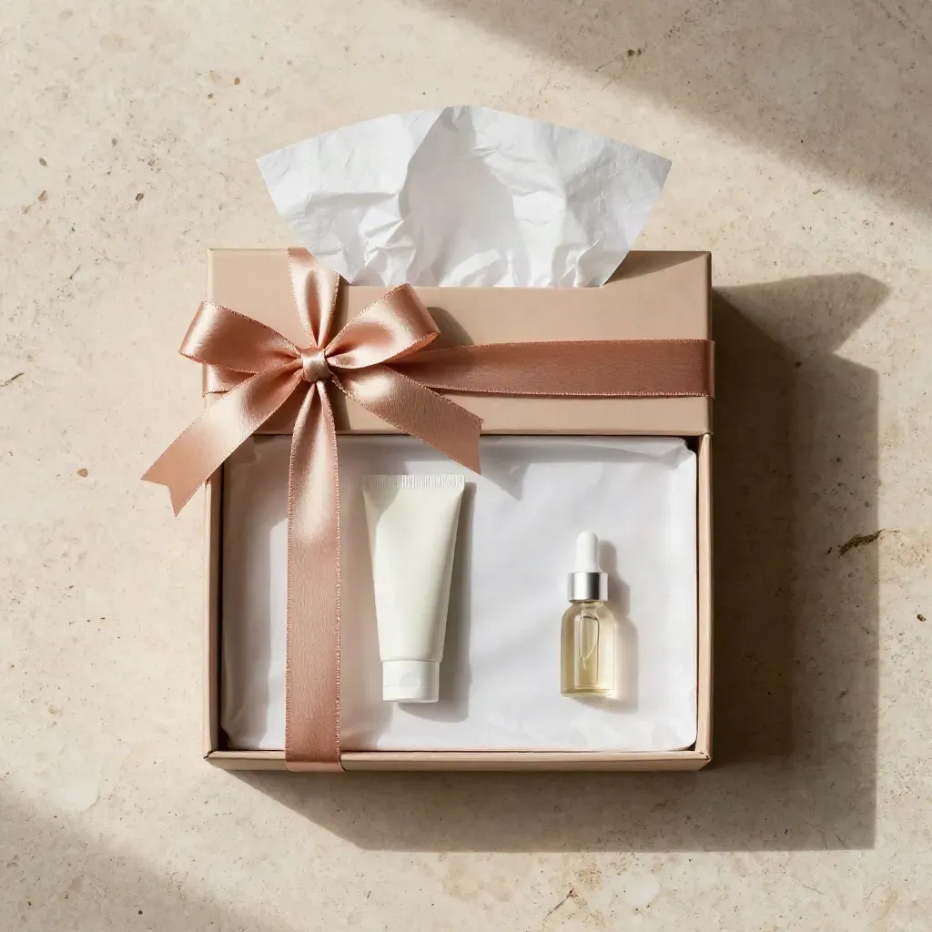Overhead flatlay of an open gift box with tissue wrap and two mini beauty treats on travertine.
