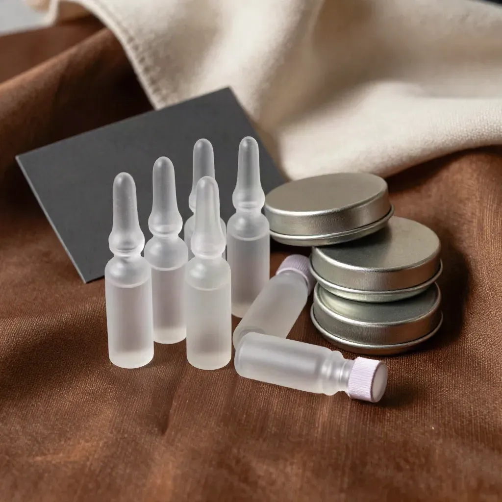 Macro of unbranded sample vials and compact tins fanned on silk with a charcoal card back.
