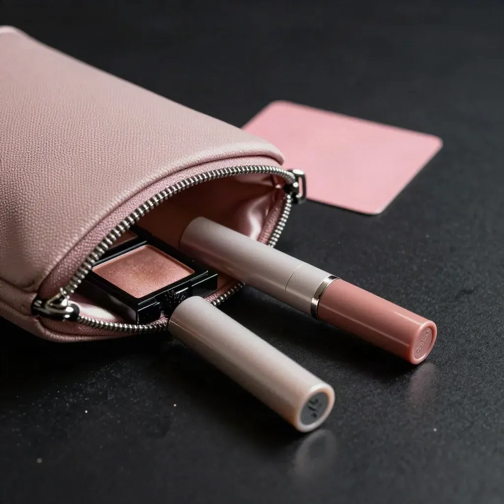 Open makeup pouch with eyeshadow, mascara and lip duo on a dark studio floor