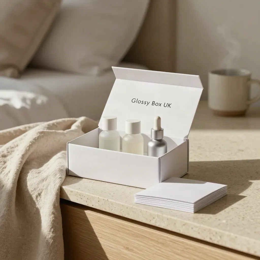 Luxury beauty subscription welcome pack on travertine bedside surface with sample bottles and a blank card sleeve.