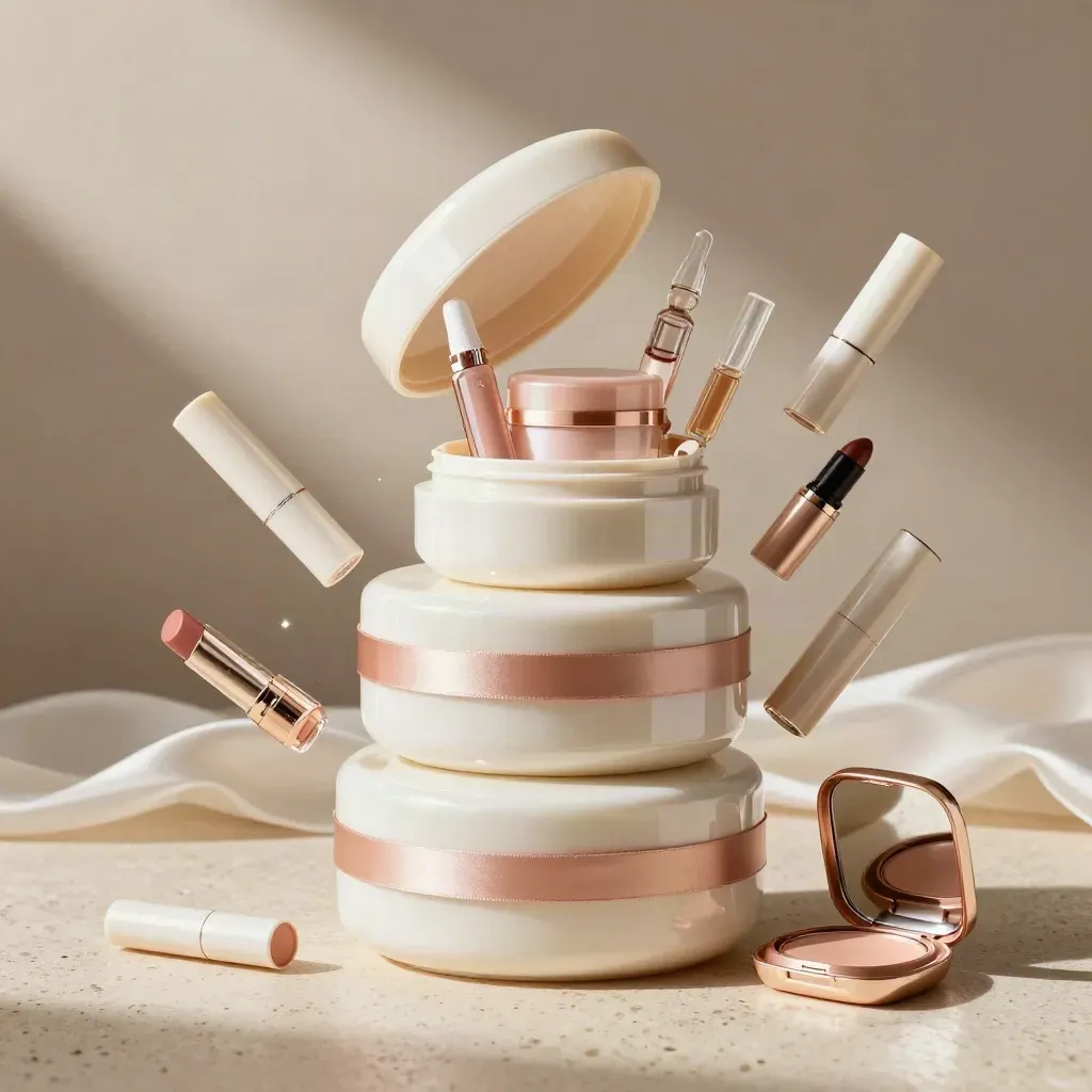Glossy beauty boxes spilling minis and full-size products on travertine