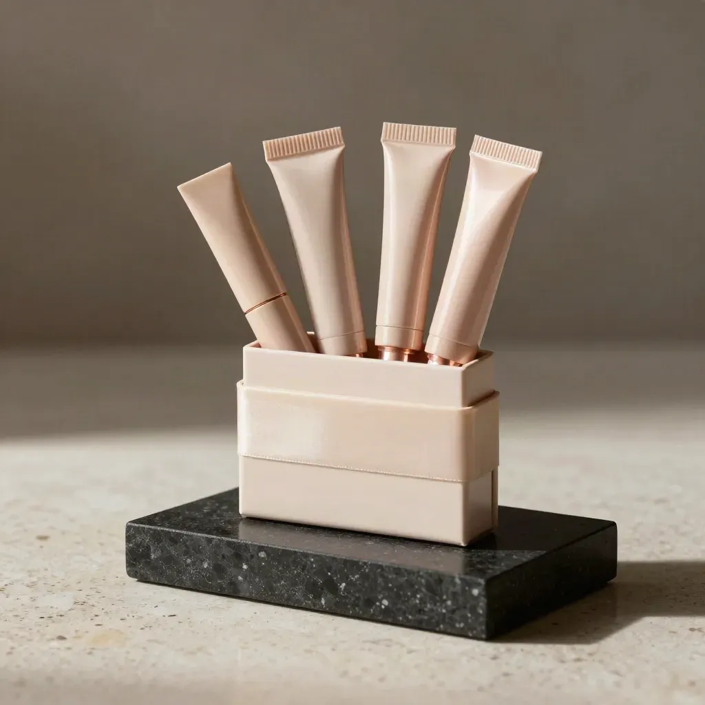 Blush mini beauty kit with four travel minis fanned open on a dark plinth