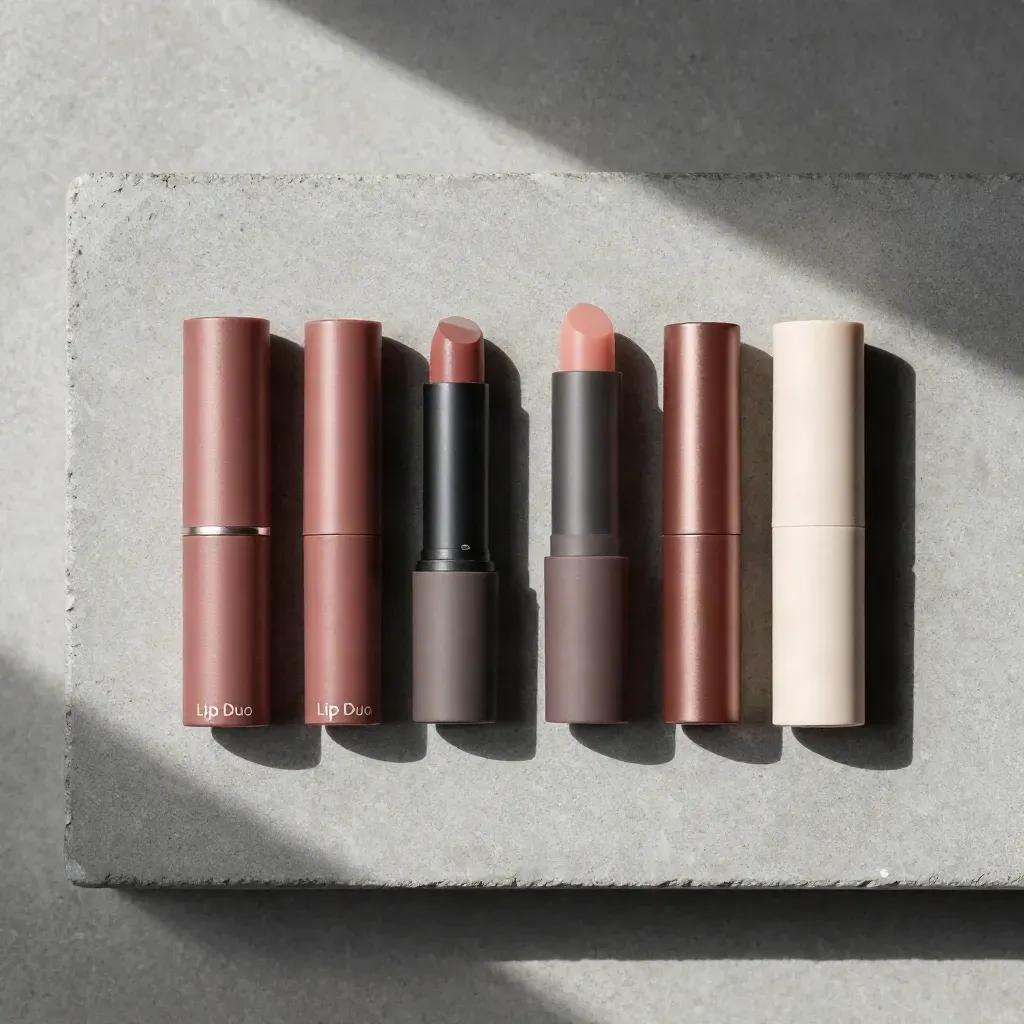Overhead flatlay of two lip tubes, balm and cap on concrete