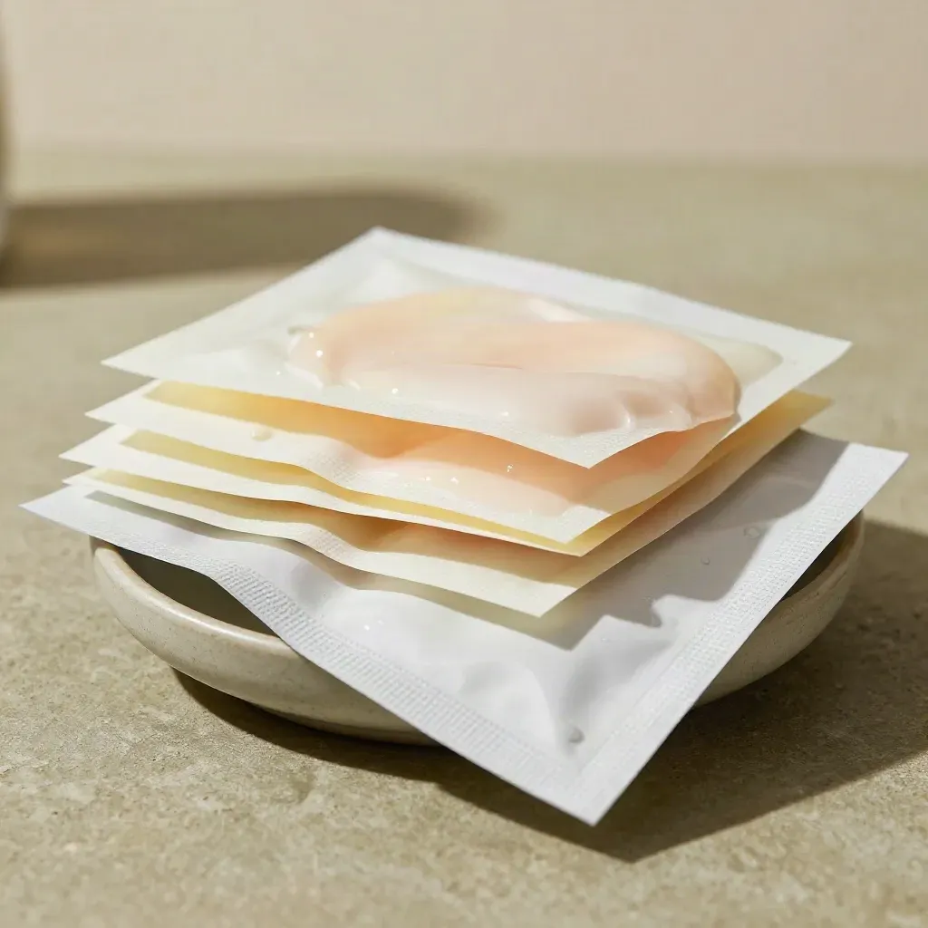 Five folded gel mask sachets fanning beside a small ceramic dish.