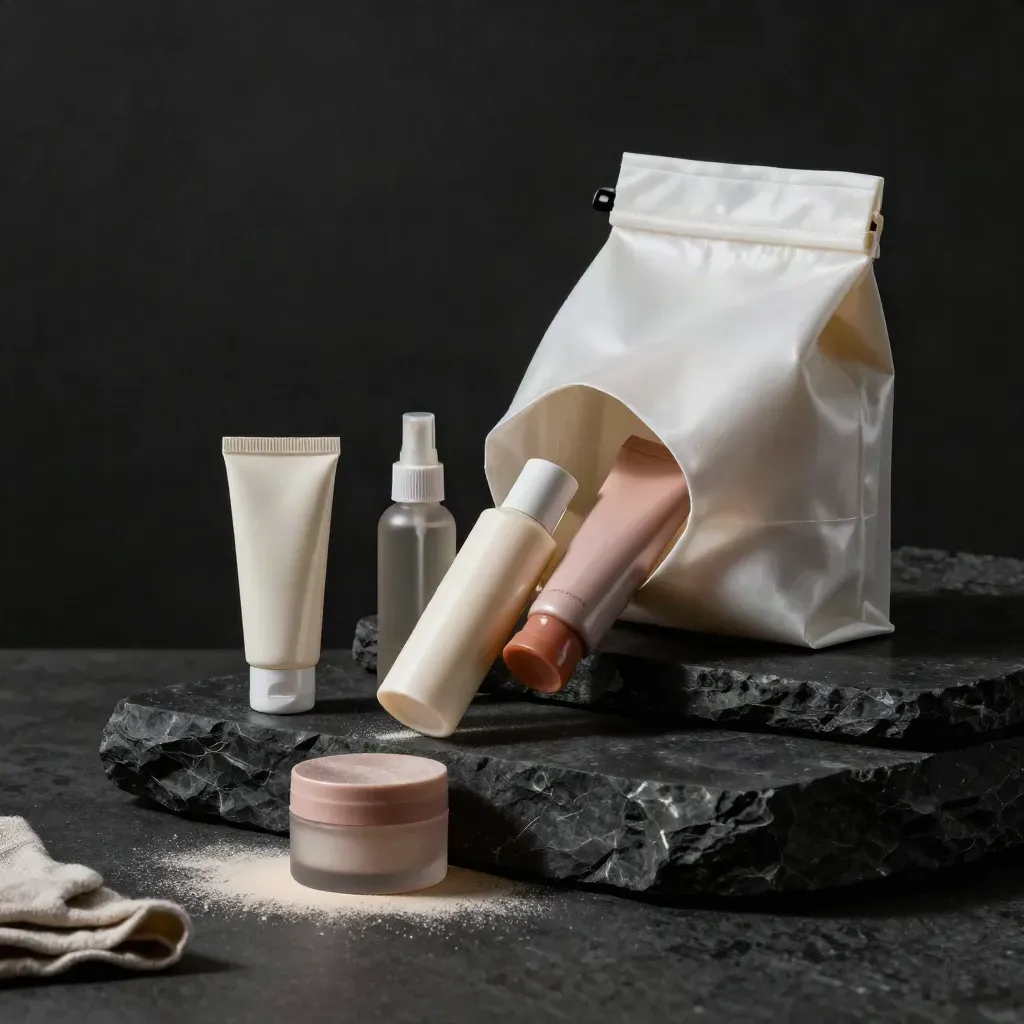 Pearl hair sample pouch spilling six minis on a dark plinth in dramatic studio light.