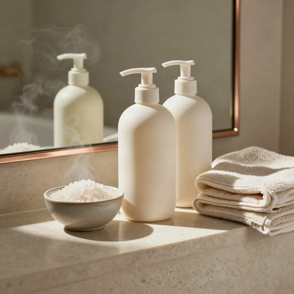 Bath body wash, lotion, bath salts and folded towel on a travertine ledge with steam