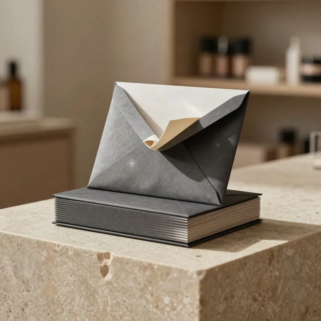 Charcoal gift card stack with satin envelope and folded insert on a limestone plinth