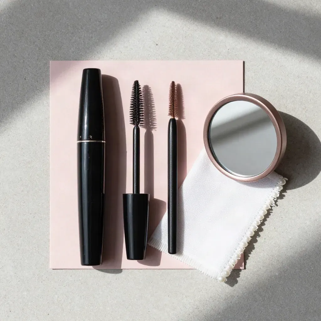 Overhead flatlay of mascara, brow gel, spoolie cap and compact mirror on pale stone.