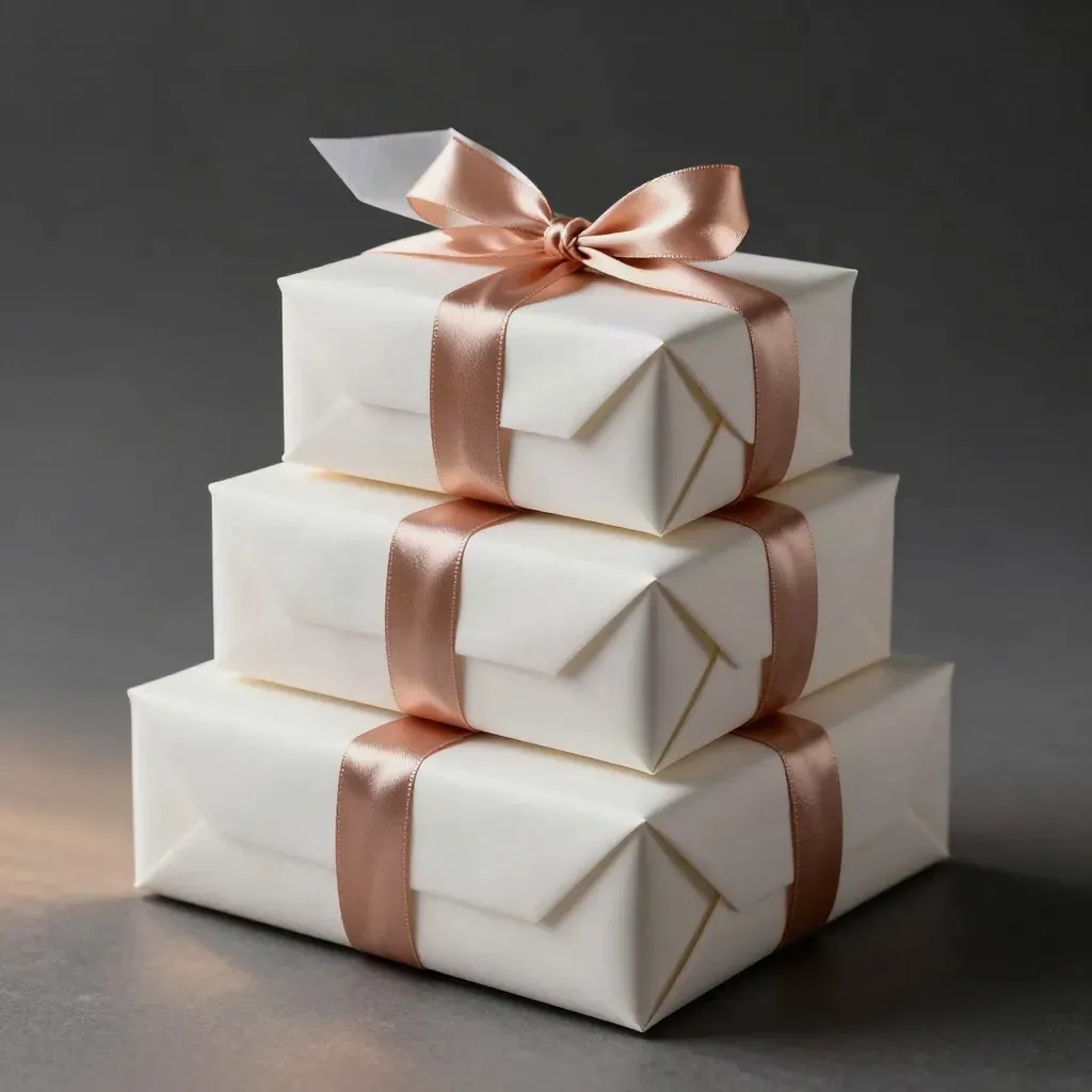Three pearl-white gift boxes stacked with rose-gold ribbon on a dark base