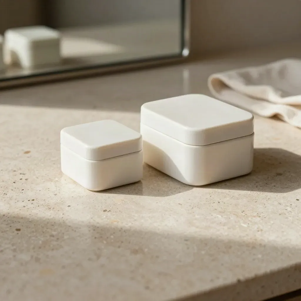 Travertine surface with two pearl-white boxes in soft morning light and calm copy space.