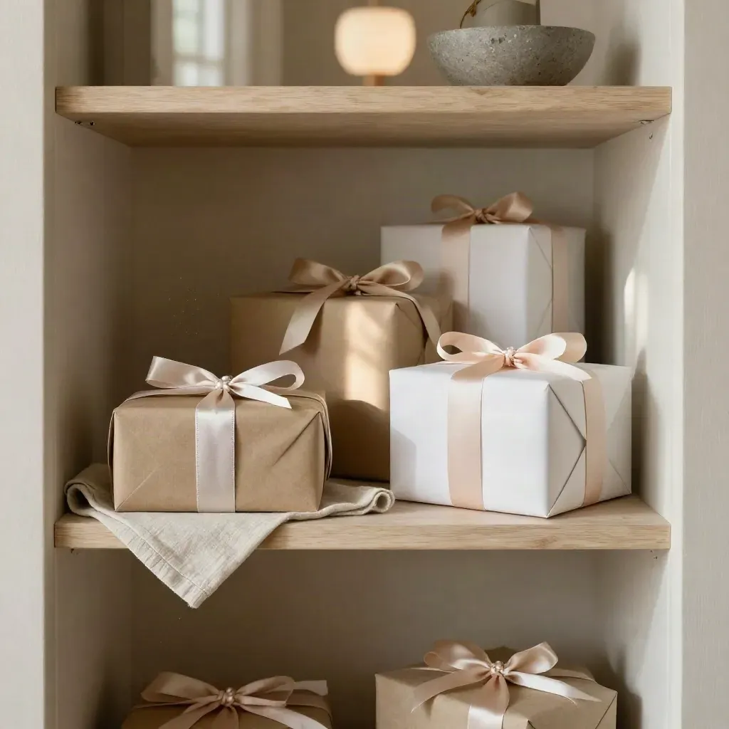 Wrapped gift parcels on a cream shelf with a blurred lamp and folded linen in soft daylight.