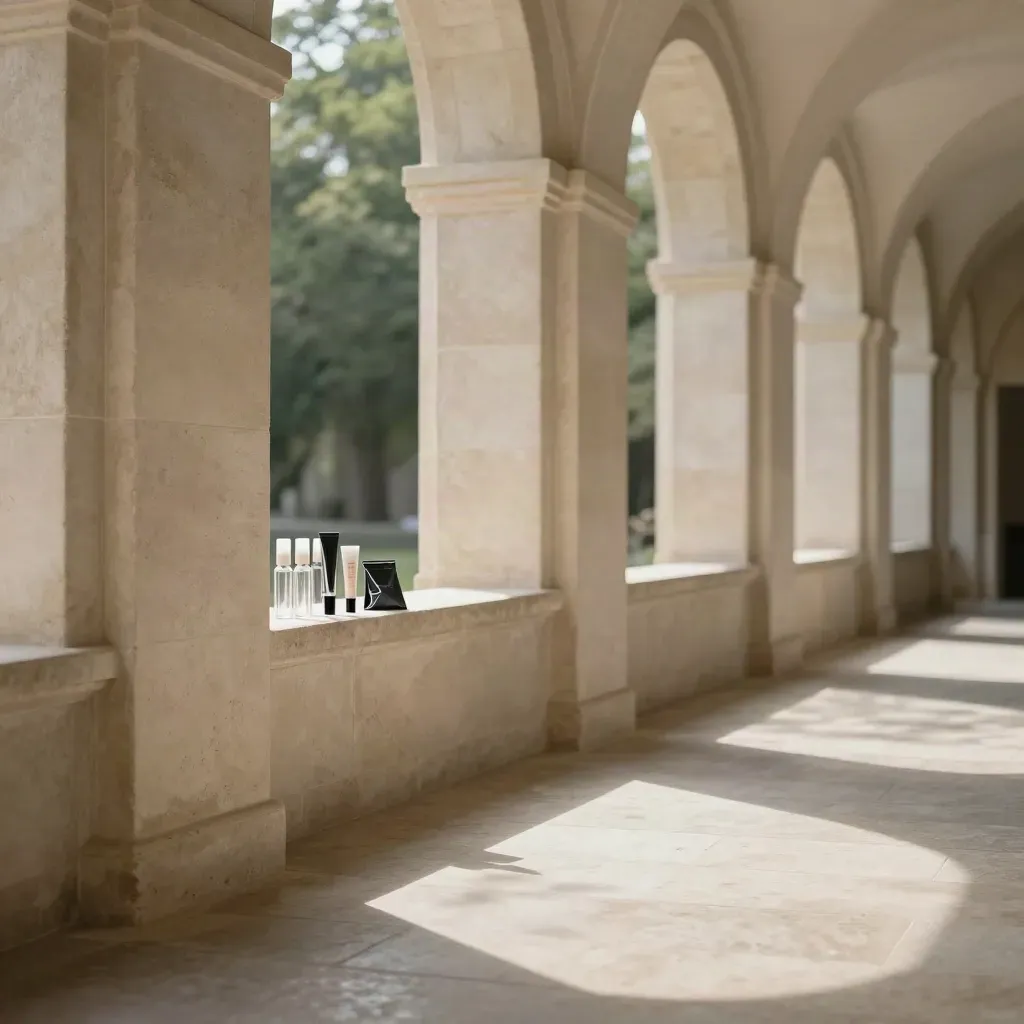 Sunlit stone arcade with makeup sample vials on a slim ledge and calm copy space below.