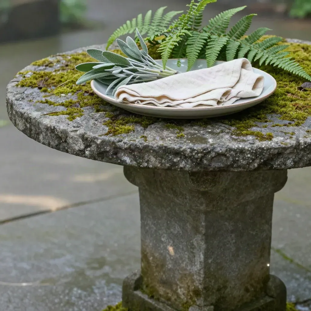 Mossy stone table with ceramic tray, muslin and greenery under soft misty daylight
