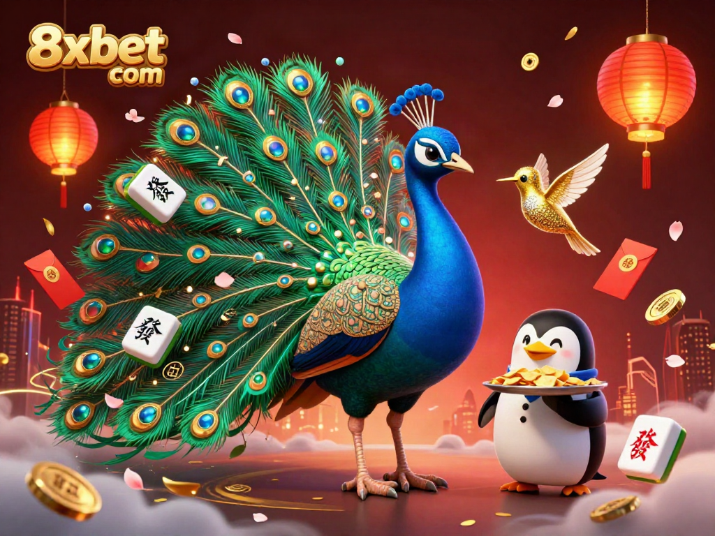 Experience the vibrant excitement of 8xbet com with a scene featuring a peacock and penguin bringing you luck and golden chips.
