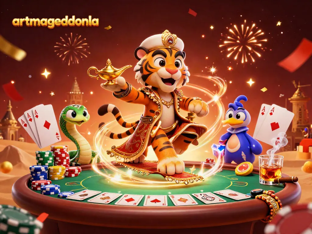 Experience artmageddonla in an enchanting casino scene with a tiger sultan and vibrant poker elements.