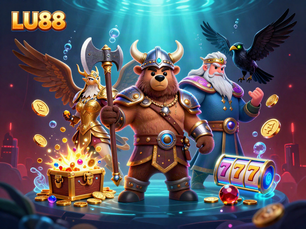 LU88 Viking-themed casino illustration showcasing a bear and eagle with slot elements and vibrant treasures.