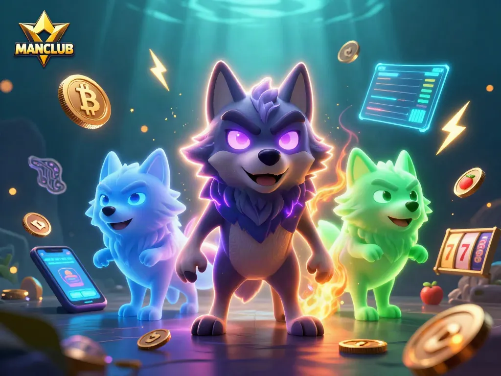 Experience the thrilling excitement of MANCLUB with vibrant slot elements and ghostly wolves.