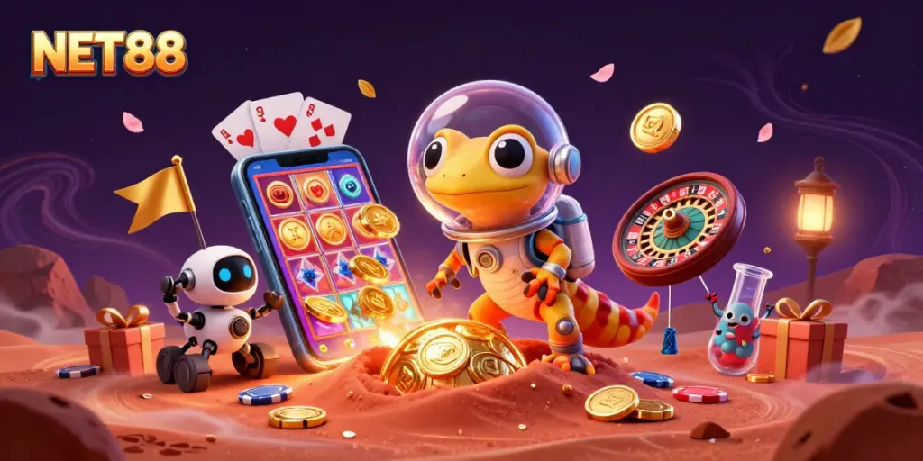Engaging net88 casino scene with vibrant slot games and interactive characters.