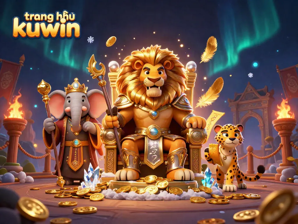 Experience the thrill at trang chủ kuwin with a lion king surrounded by gold coins, cards, and vibrant casino elements.