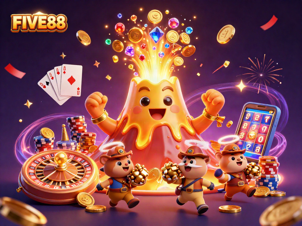 Experience the excitement of FIVE88 with a lively 3D illustration of a golden volcano erupting coins and gems.