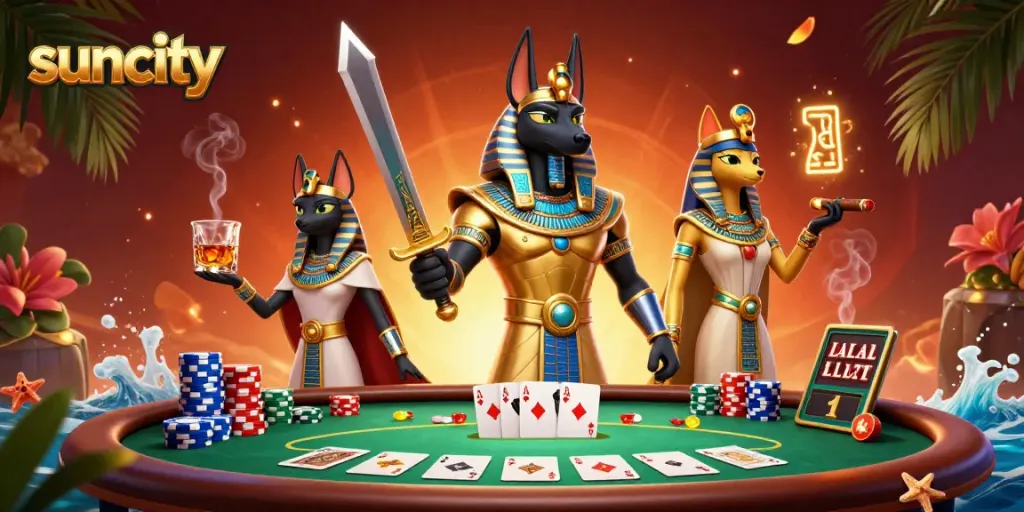Engage in thrilling card games at suncity with Anubis and Bastet amidst a vibrant casino scene.