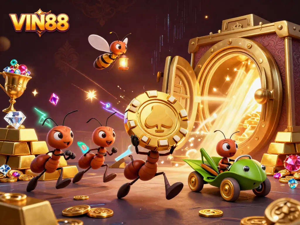 Engage with VIN88’s thrilling heist scene featuring ants, poker chips, and treasure vaults bursting with gems.