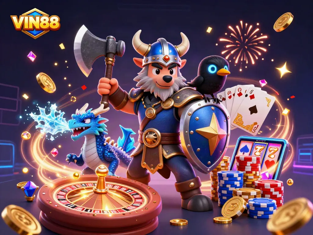 VIN88 showcases a vibrant casino experience with thrilling characters and dynamic game elements.