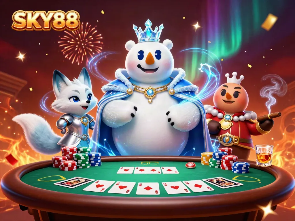 Join the fun at SKY88 with a 3D casino scene featuring poker action and vibrant celebrations.