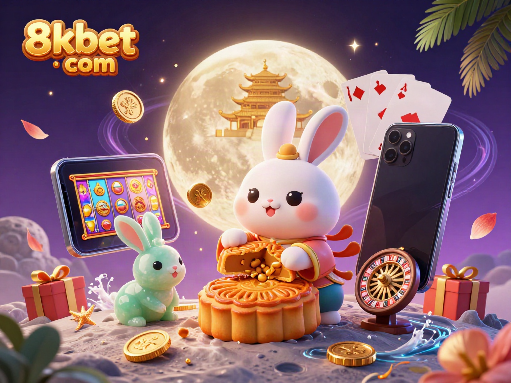Experience the magic of 8xbet com with a vibrant moon rabbit illustration showcasing thrilling gambling elements.