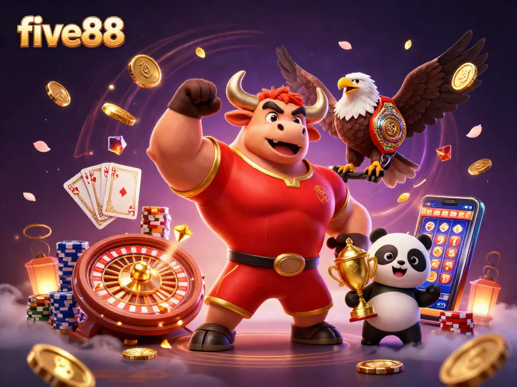 Betting at five88, experience a thrilling casino adventure with a vibrant 3D cartoon atmosphere.