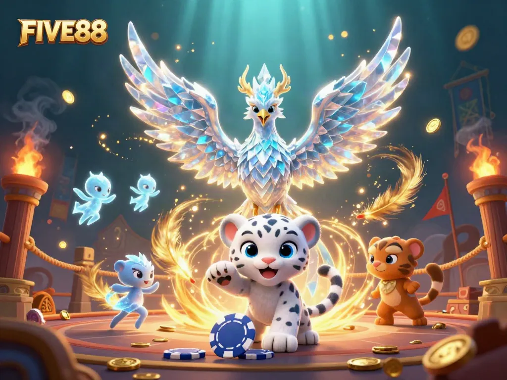 Engage with FIVE88's thrilling ice phoenix, poker chip magic, and glowing sprites in a dynamic casino scene.