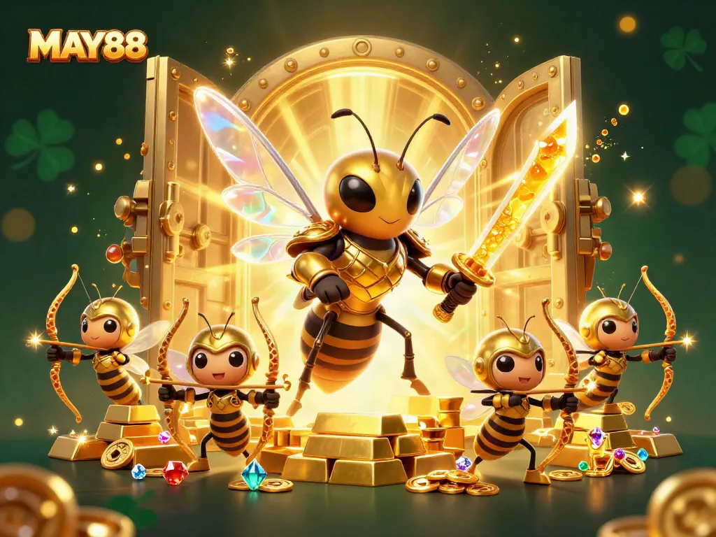 MAY88 showcases a vibrant digital casino scene with golden hornet warriors amidst a treasure-filled landscape.