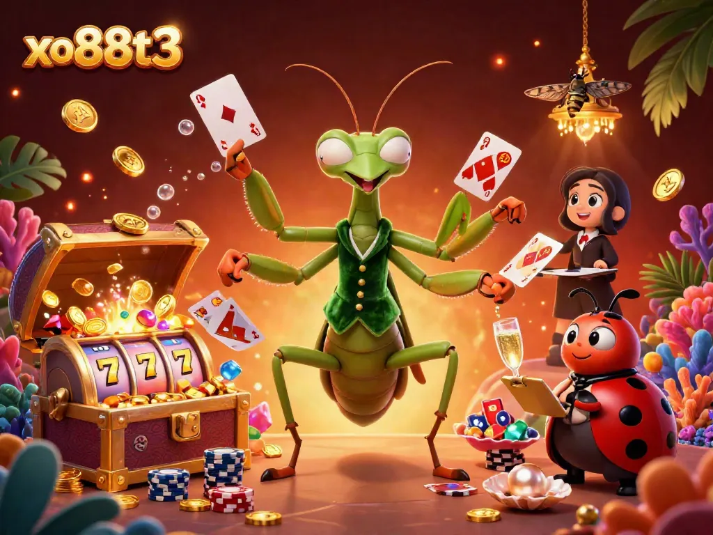 Experience the excitement of xo88t3 with a lively casino scene featuring vibrant characters and dynamic slot elements.