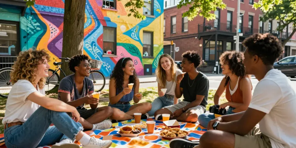 Friends gathering in an urban park, enjoying snacks and laughter, see it here for a vibrant community experience.