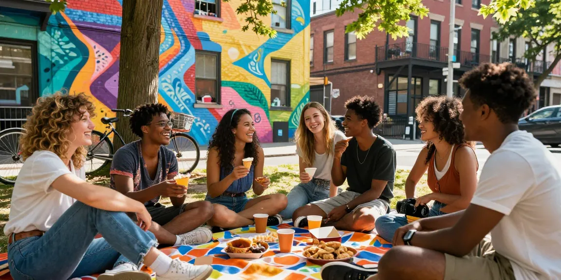Friends gathering in an urban park, enjoying snacks and laughter, see it here for a vibrant community experience.