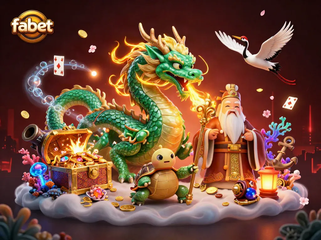 Experience excitement at fabet with a dragon, turtle sage, and cranes in a vibrant casino setting.