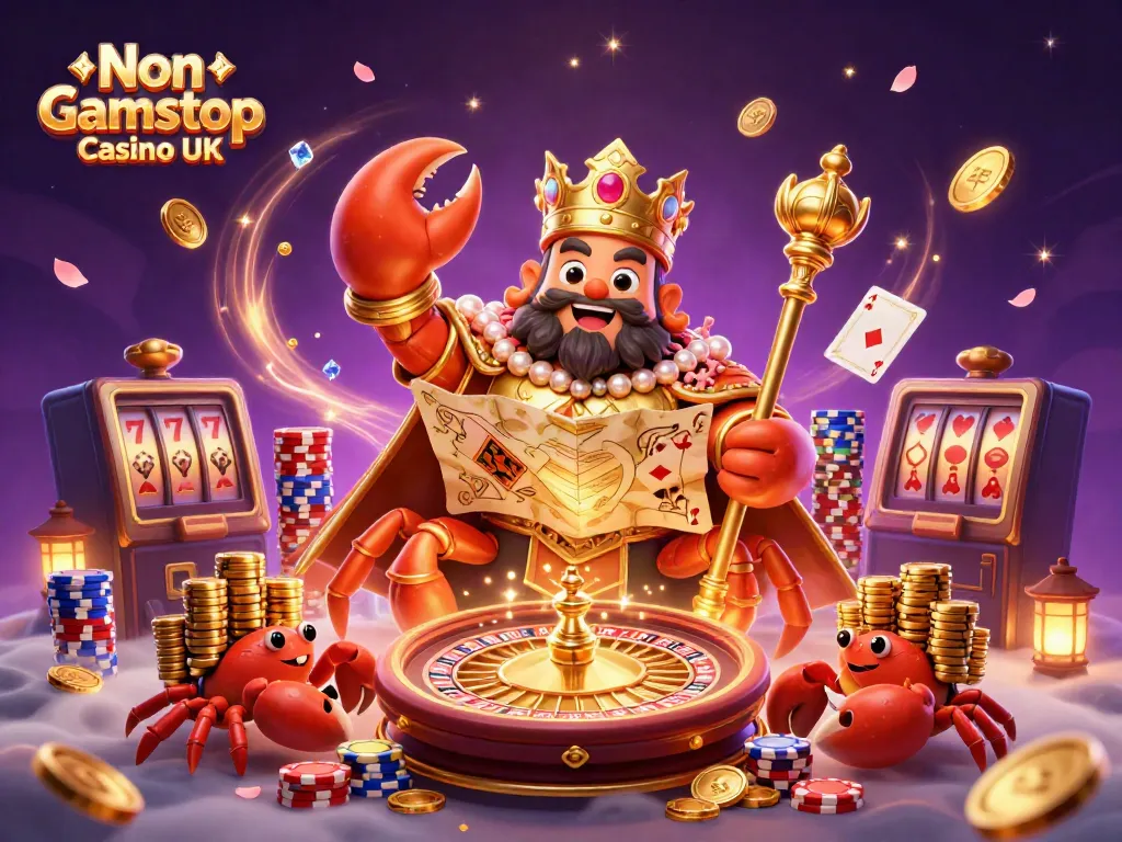 Experience gaming action at Non Gamstop Casino UK featuring a golden crab emperor and dynamic casino elements.