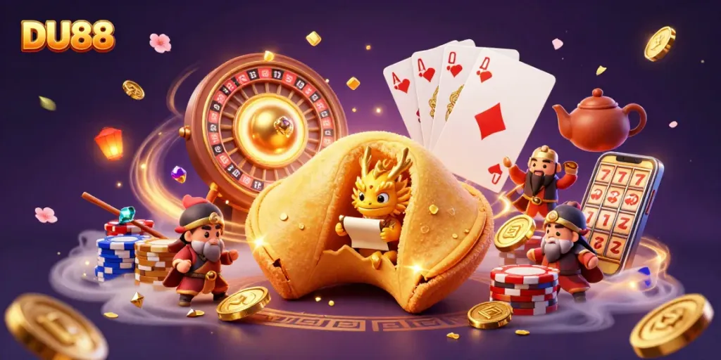 Play slots and win big on DU88 with golden coins and stunning casino elements.