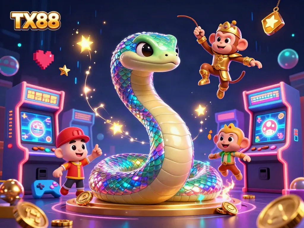 Experience the excitement of TX88 with a vibrant 3D illustration featuring a rainbow serpent and a monkey king amidst dynamic casino elements.