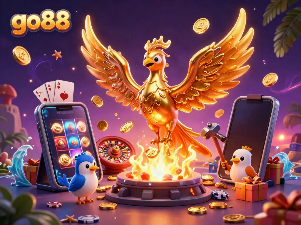 Experience exciting gaming with go88 as golden coins erupt from a vibrant slot game scene.